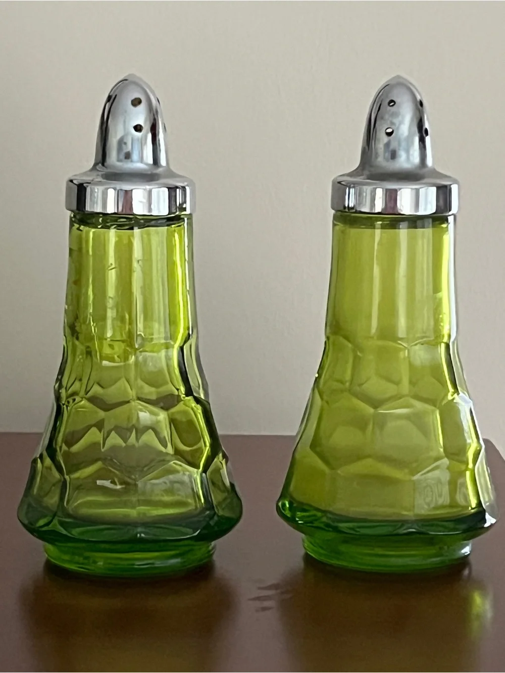 Viking Georgian Green Glass Salt & Pepper Shakers 5.25” Mid Century Set